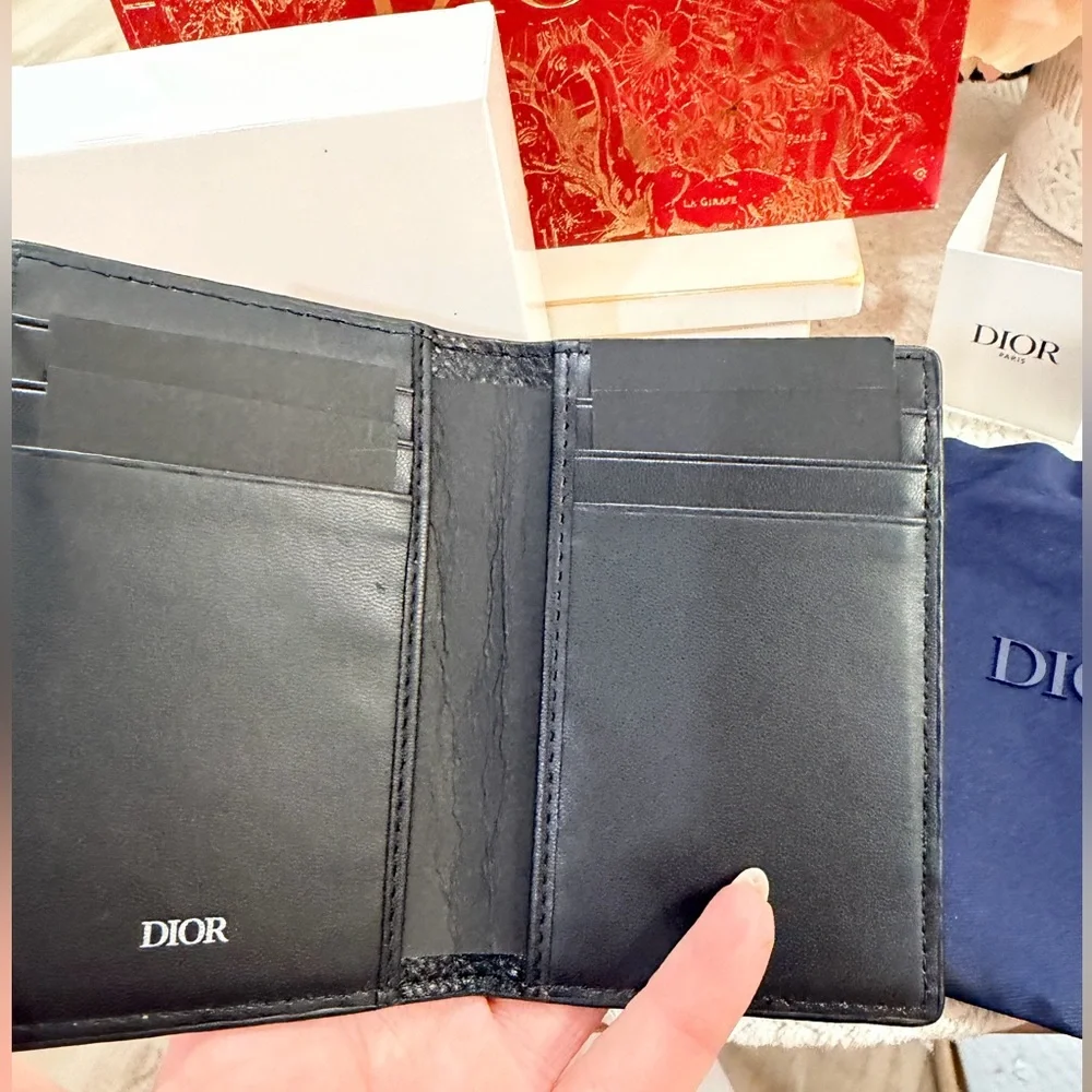 Dior Parfums Black Textured Leather Card Holder with dust bag - NIB